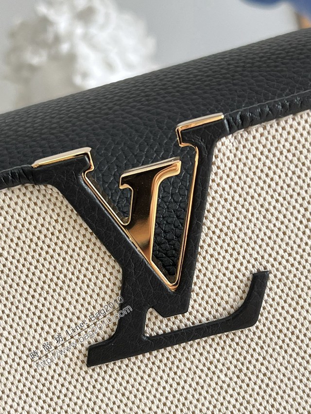 LV專櫃2023新款Capucines MM手袋 M48865黑拼帆布刺繡 路易威登Capucines搭蓋手提肩背女包 dn1127